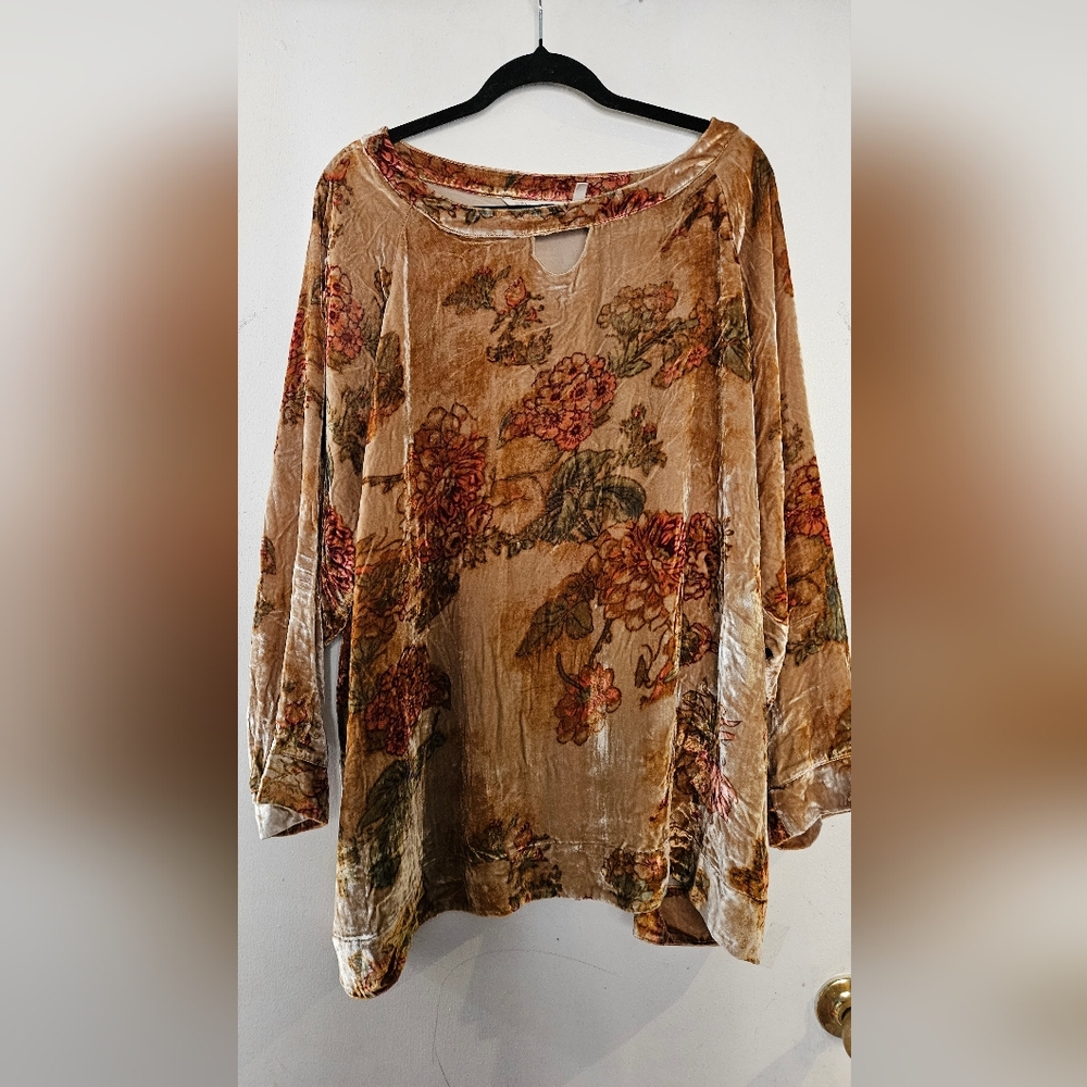 Soft Surroundings Floral Velvet Blouse - Tan and Pink